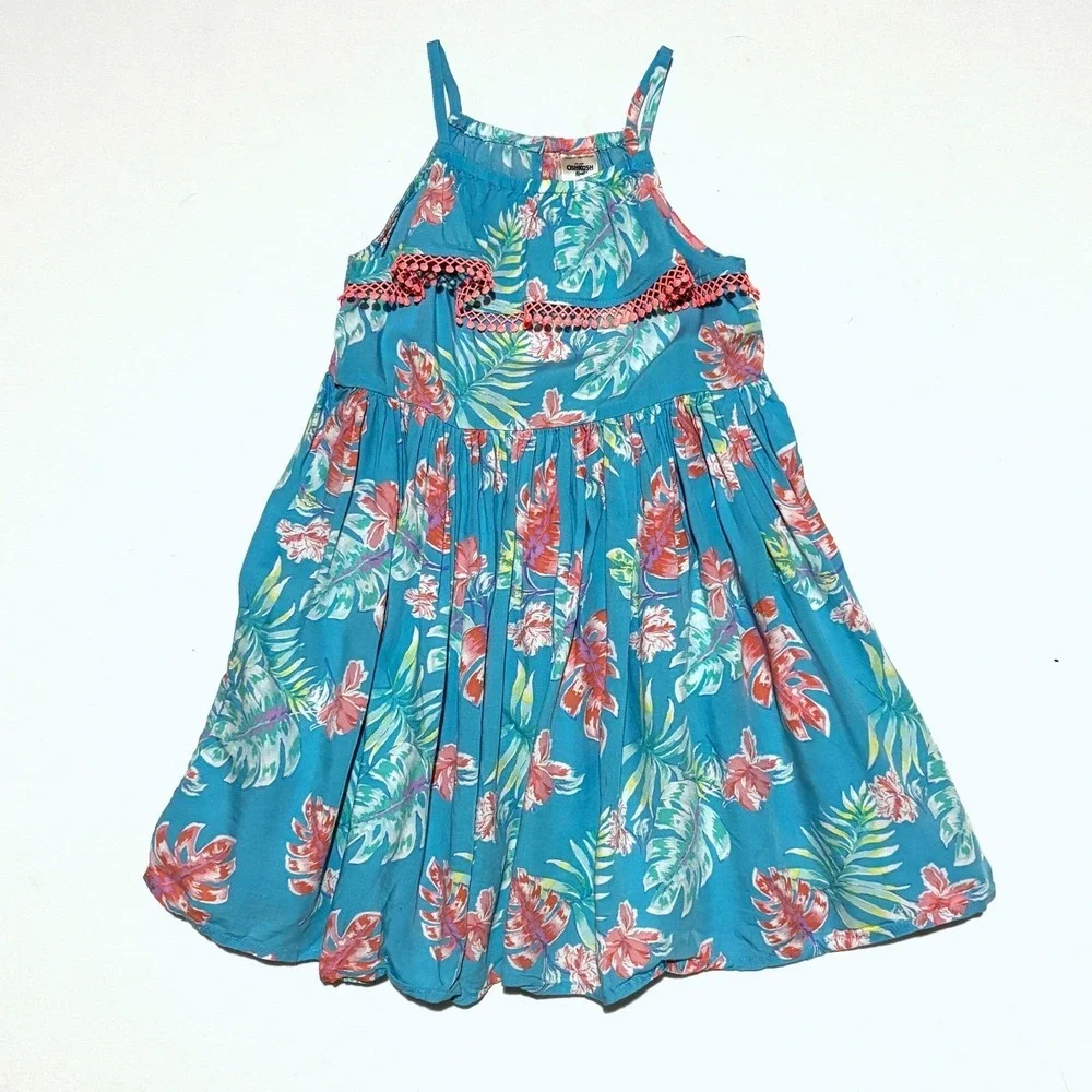 OshKosh B'gosh‎ Tropical Floral Sundress Girls 3T Blue Pink Ruffle Trim Vacation